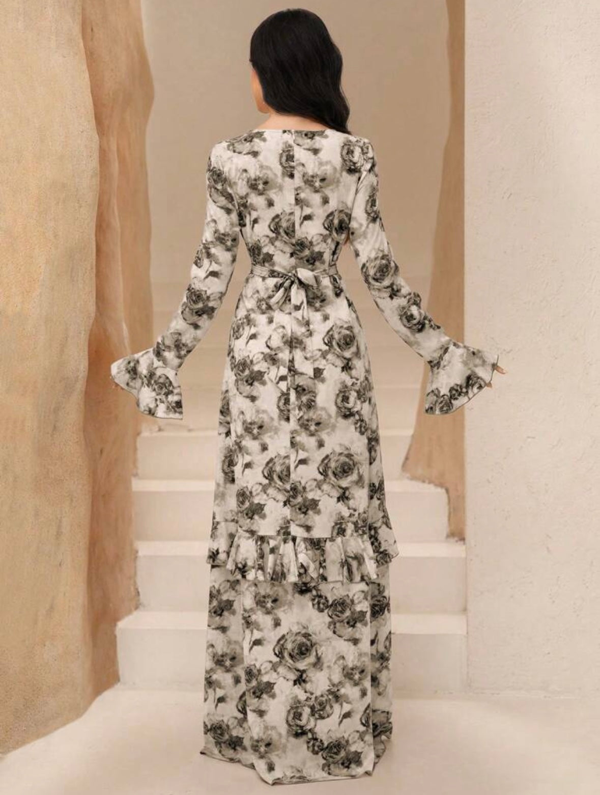 Women's Ruffle Long Sleeve Cinched Waist Waist A-Line | Retro Romantic Dress | Modest