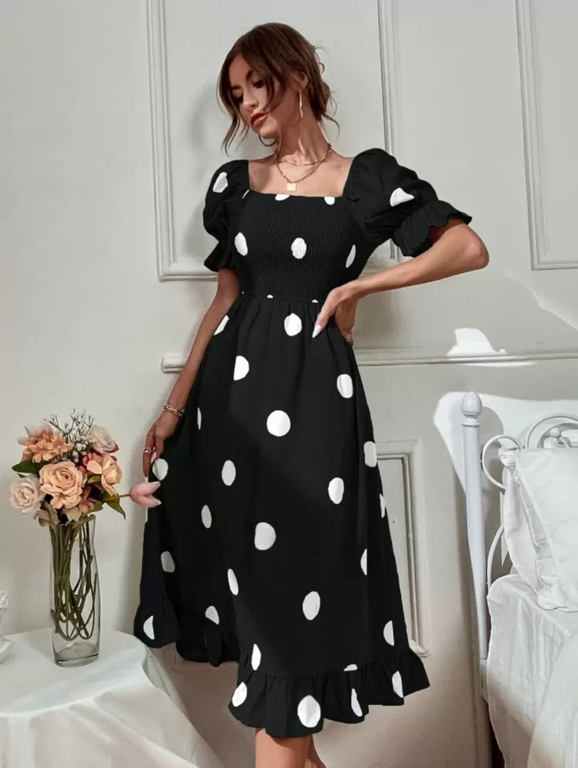Polka Dot Print Puff Sleeve Shirred Ruffle Hem Dress