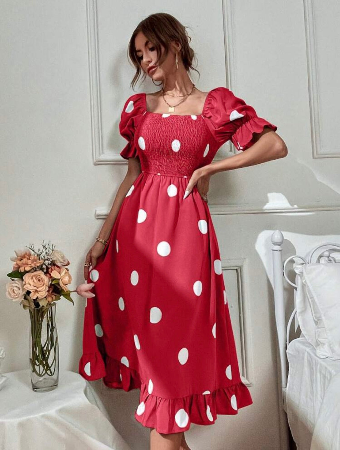 Polka Dot Print Puff Sleeve Shirred Ruffle Hem Dress