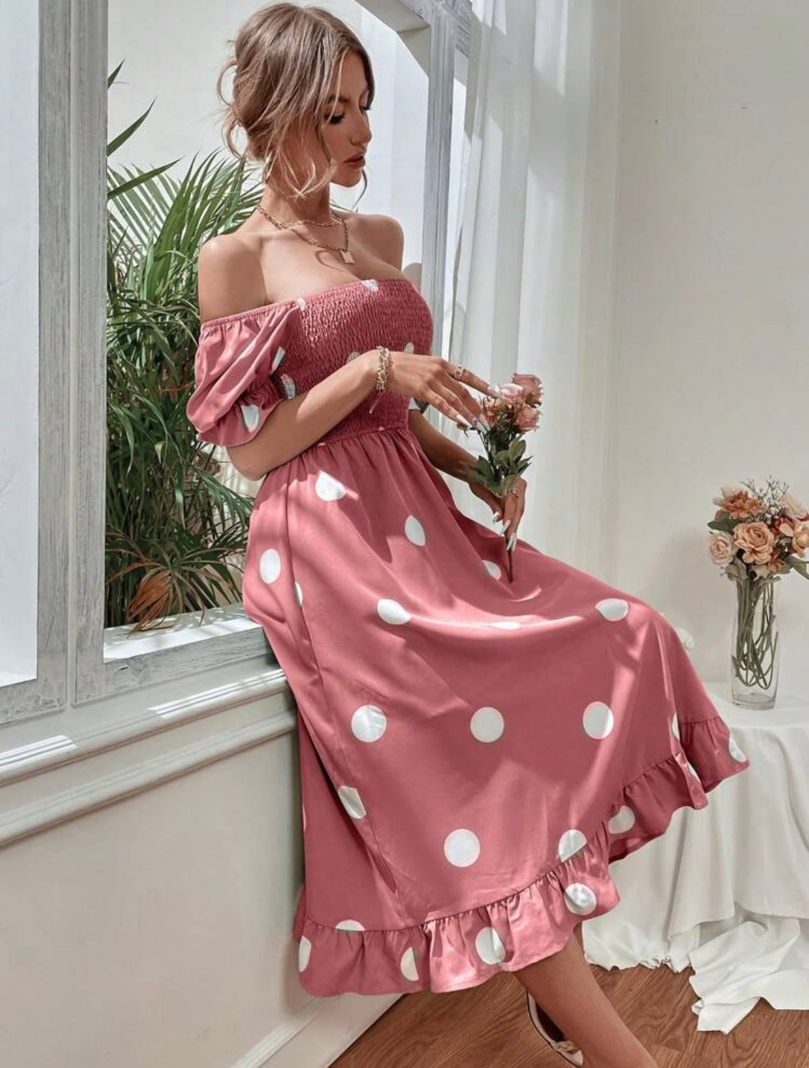 Polka Dot Print Puff Sleeve Shirred Ruffle Hem Dress
