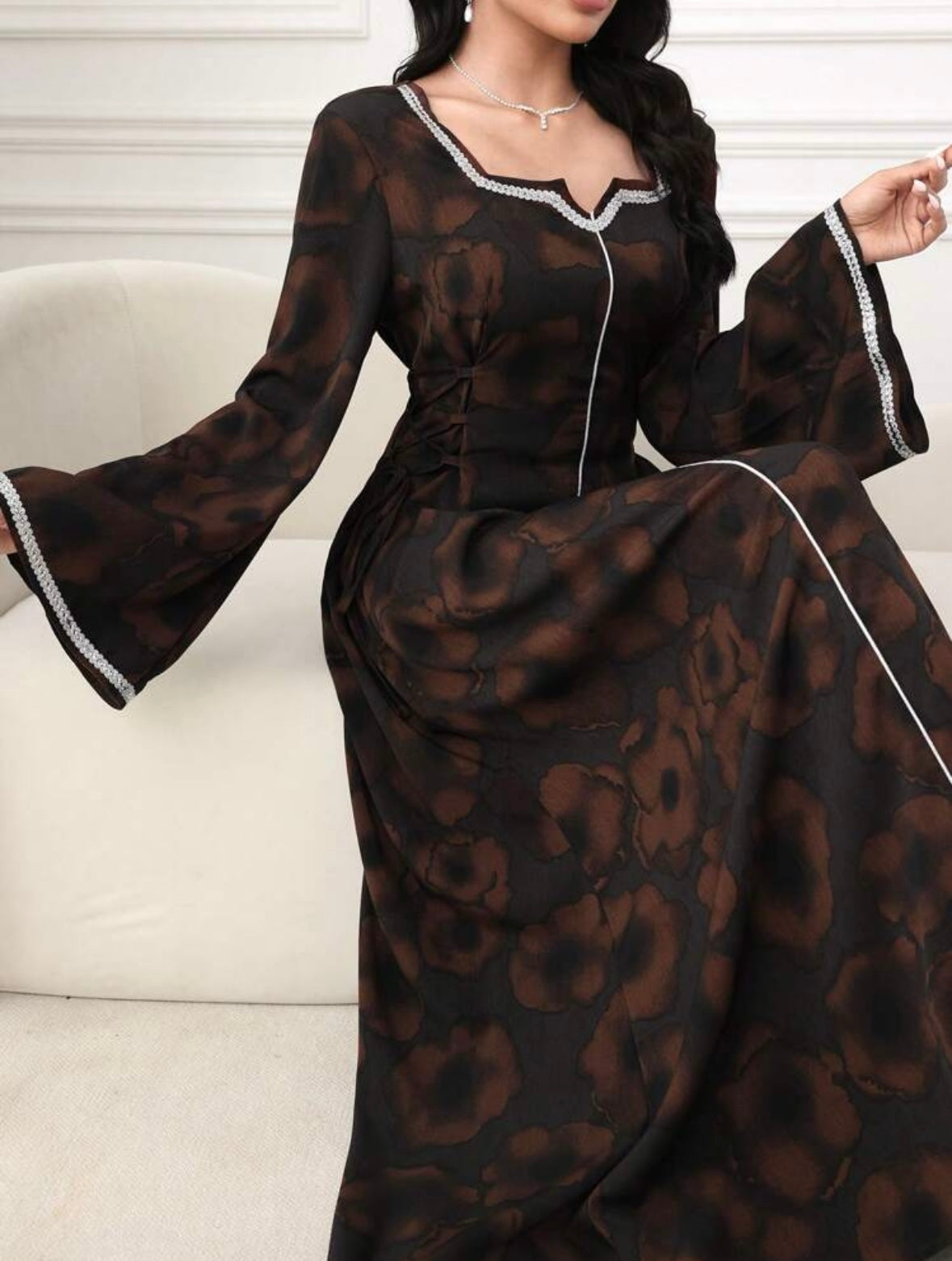 Women's Elegant Floral Print Crossed Strap Waist Flare Sleeve Arab Style Long Dress