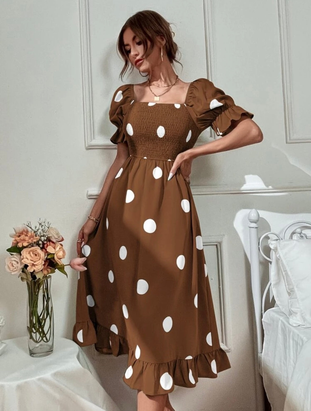 Polka Dot Print Puff Sleeve Shirred Ruffle Hem Dress