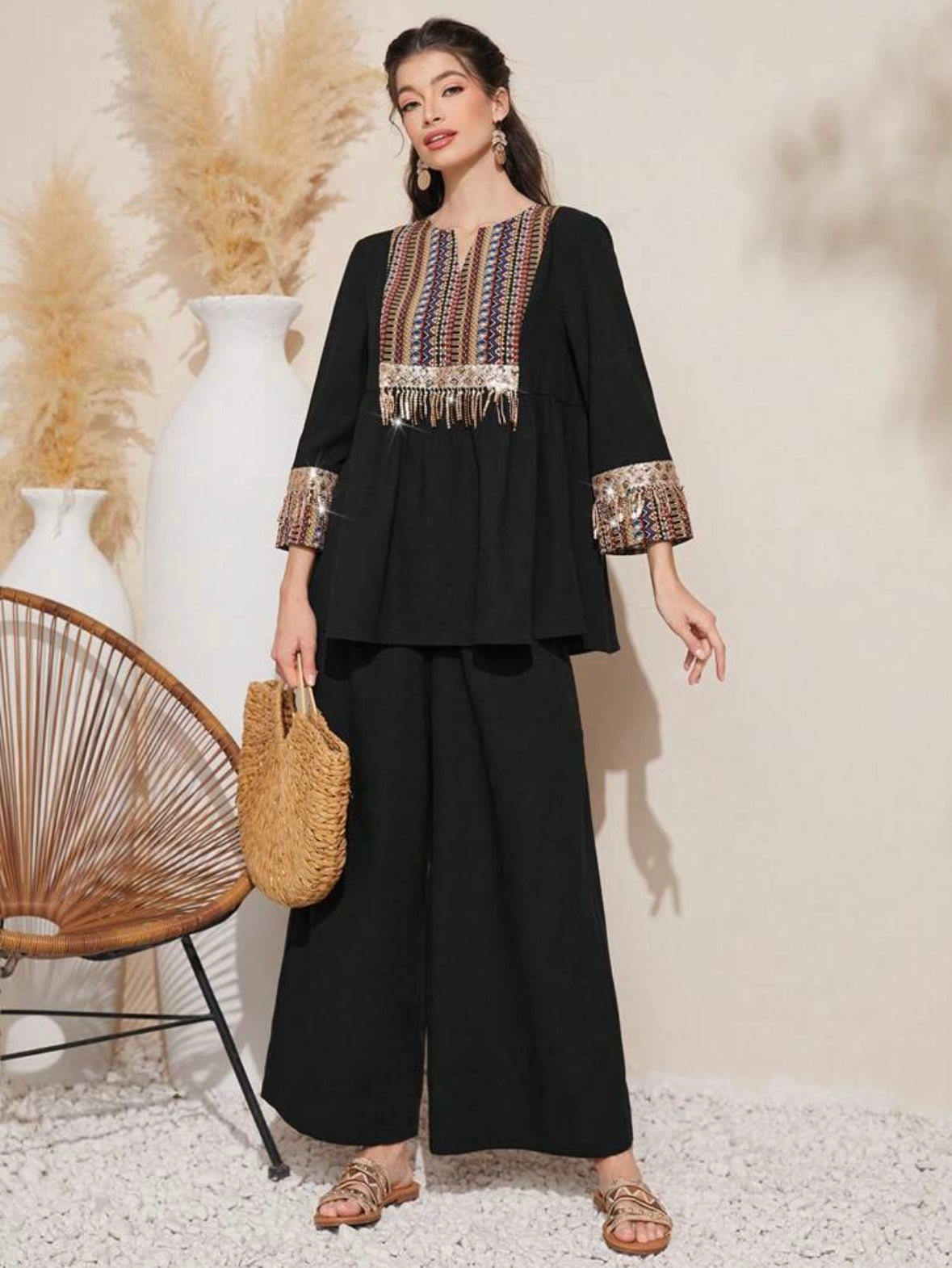 Women's Solid Color Patchwork Fringed Decorated Casual Top And Long Pants Set