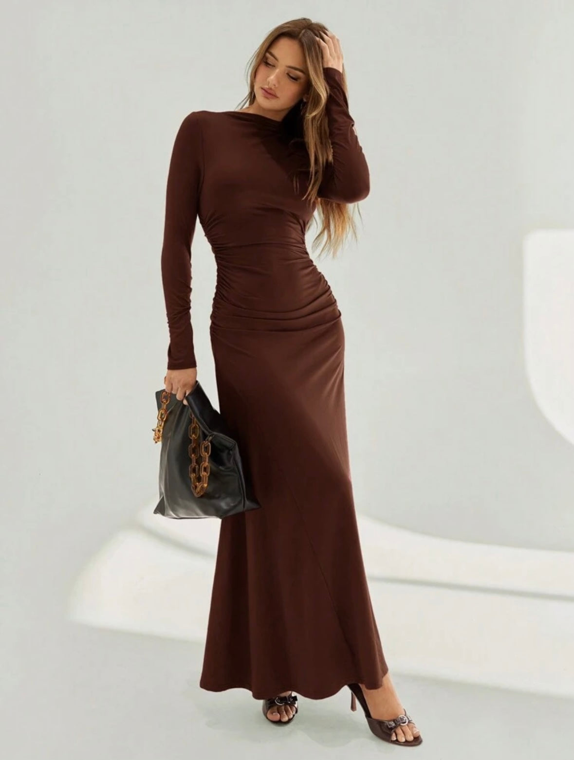 Women's Asymmetric Ruched Long Sleeve High Neck A-Line Body-con Dress