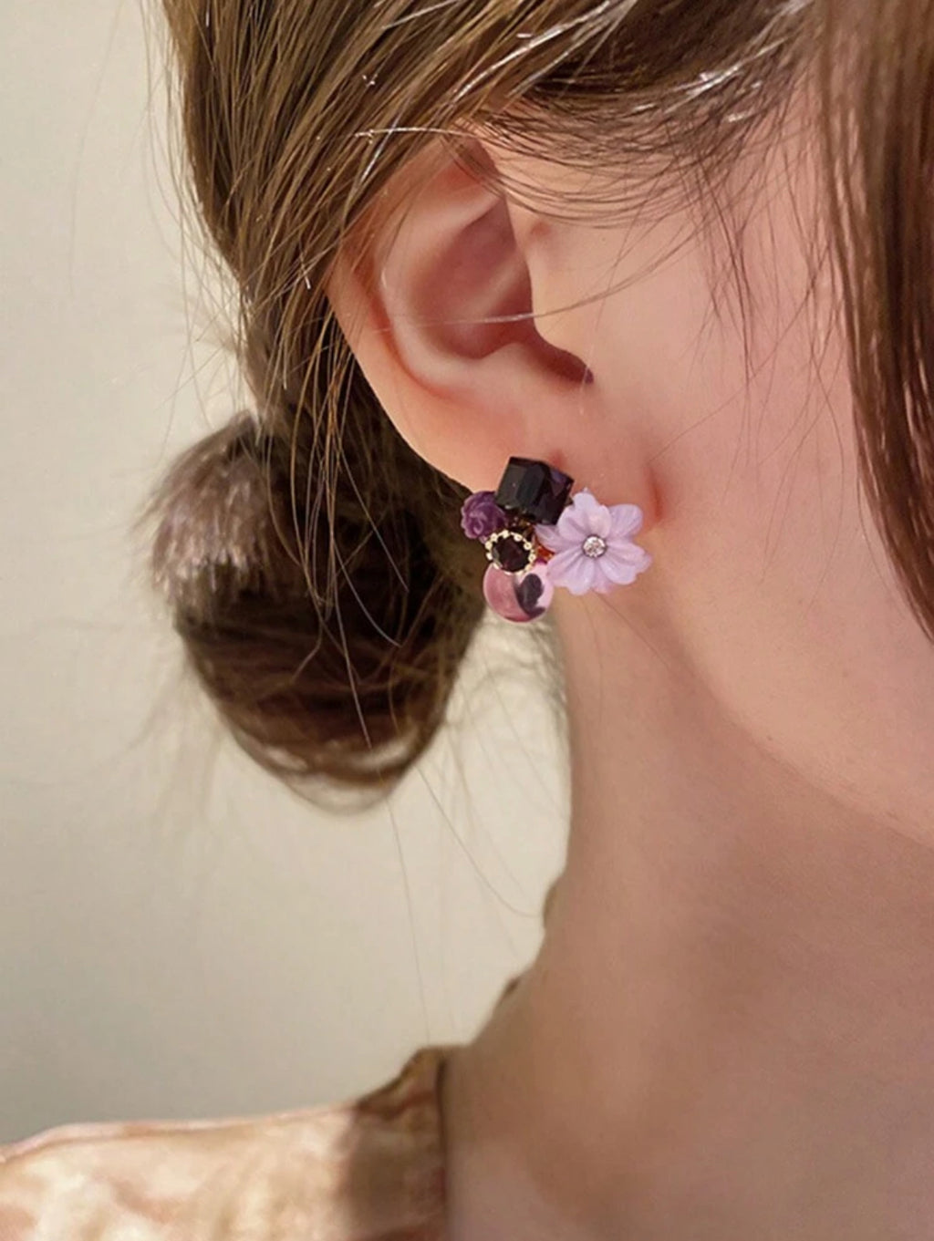 Vintage Maple Leaf & Purple Crystal Flower | Gentle Stud Earrings