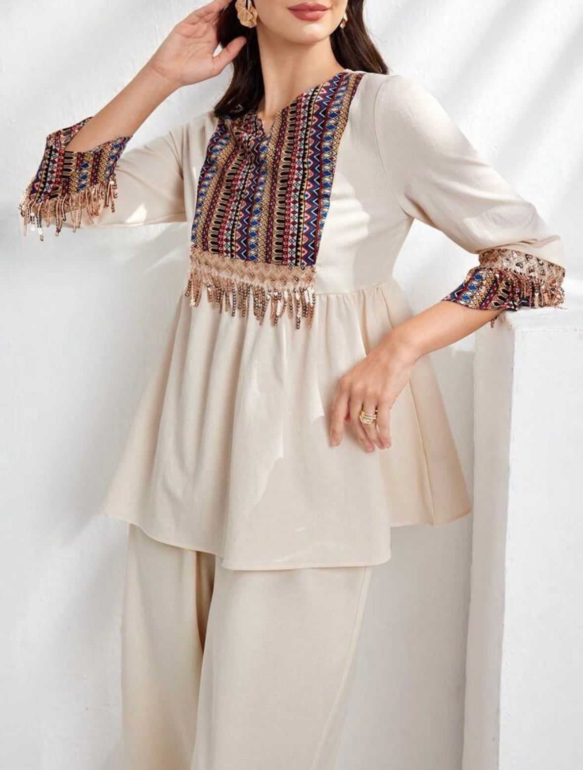 Women's Solid Color Patchwork Fringed Decorated Casual Top And Long Pants Set