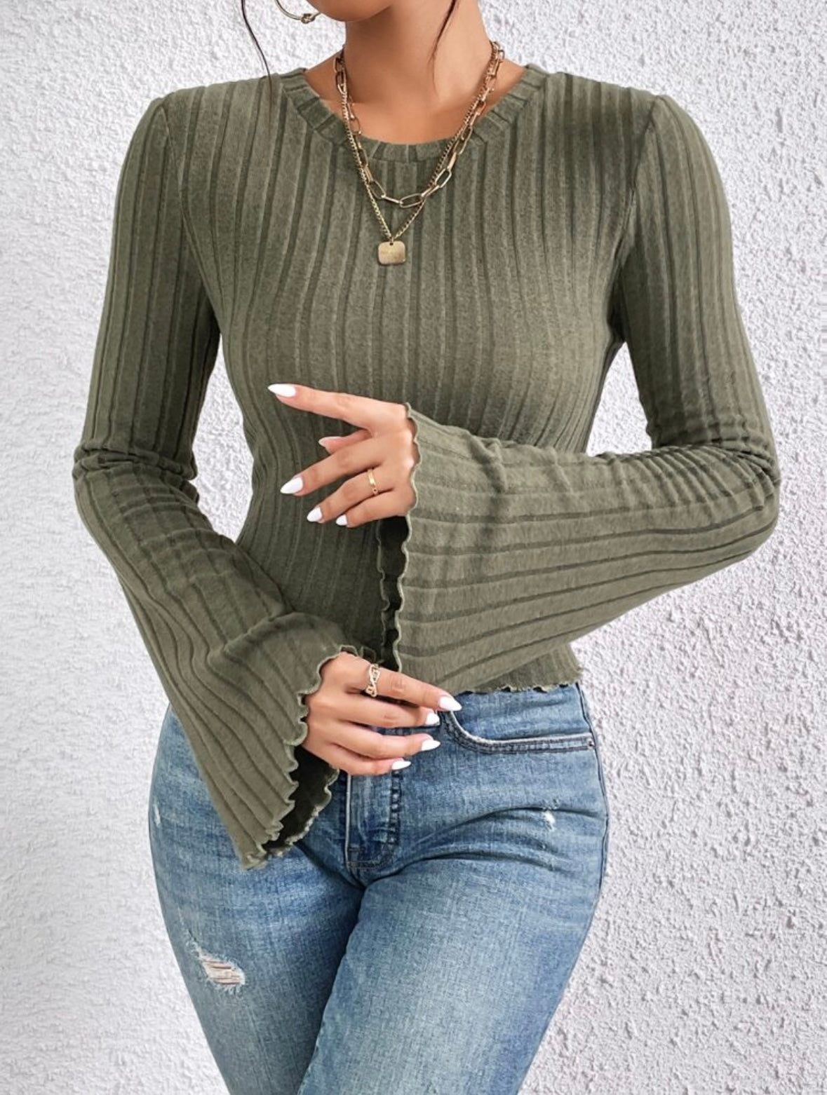 Knit Tee | Trimmed Trumpet Sleeve | Ribbed Texture