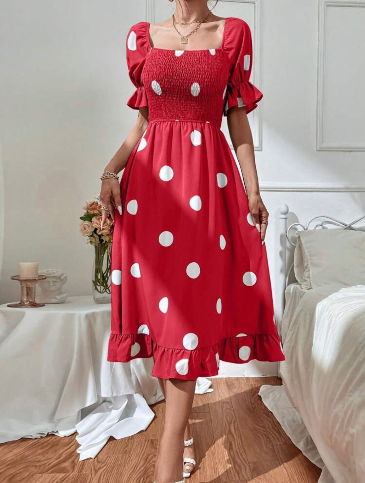 Polka Dot Print Puff Sleeve Shirred Ruffle Hem Dress