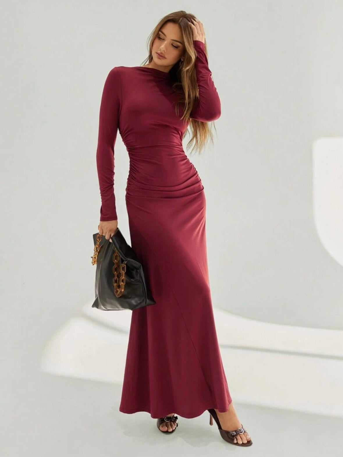 Women's Asymmetric Ruched Long Sleeve High Neck A-Line Body-con Dress