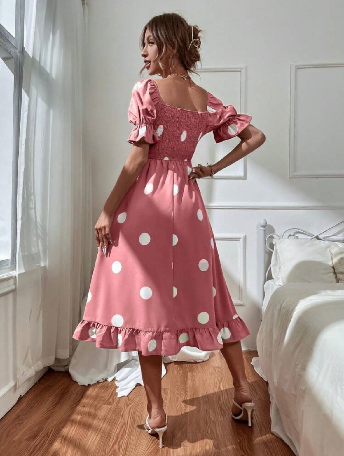 Polka Dot Print Puff Sleeve Shirred Ruffle Hem Dress