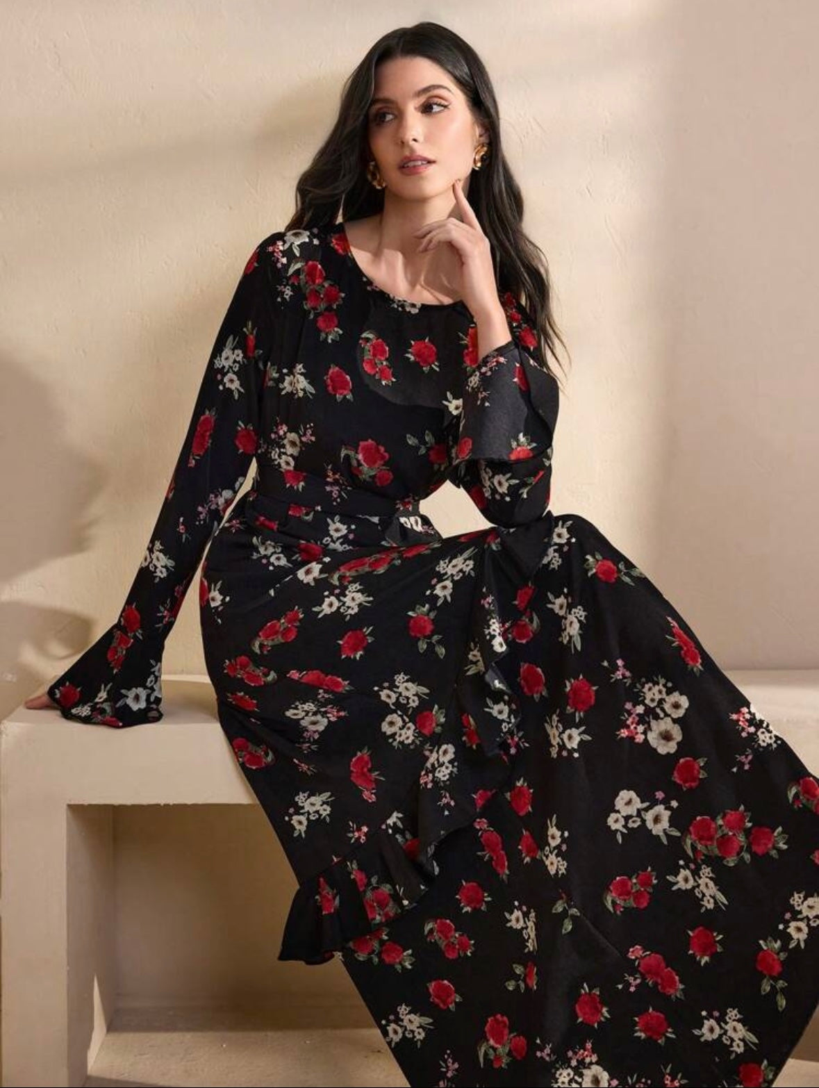 Women's Ruffle Trim Belt Waist A-Line Long Sleeve Dress | Elegant |
