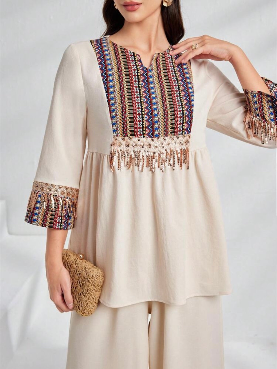 Women's Solid Color Patchwork Fringed Decorated Casual Top And Long Pants Set
