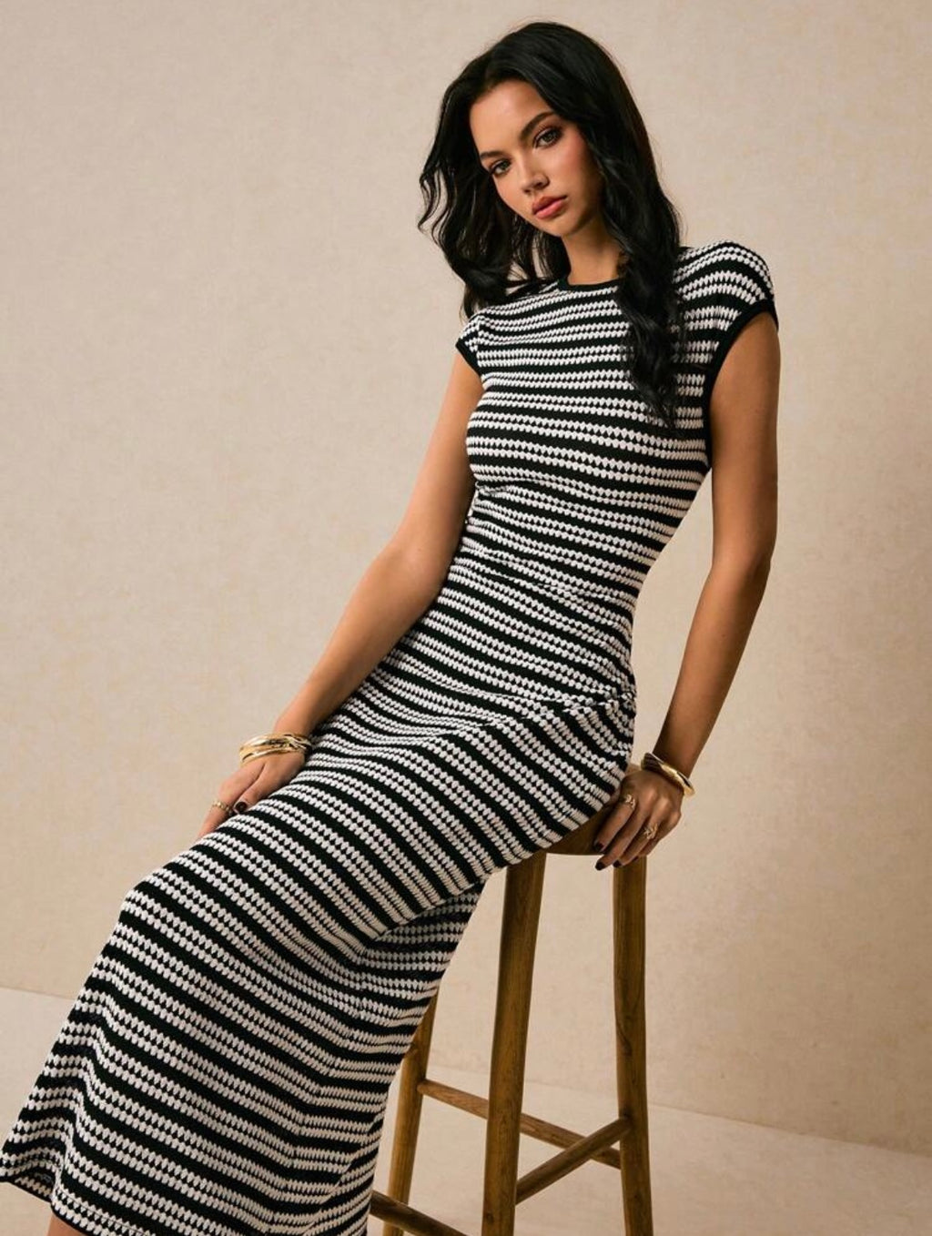 Women's Casual Striped Round Neck Cap Sleeve Dress