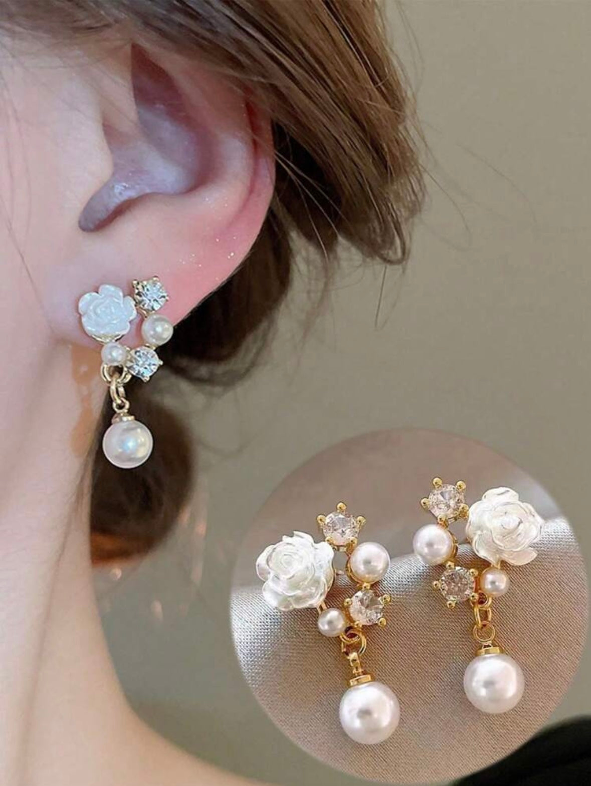 1 Pair Elegant White Flower With Faux Pearl | Crystal Studded Dangle | Earrings
