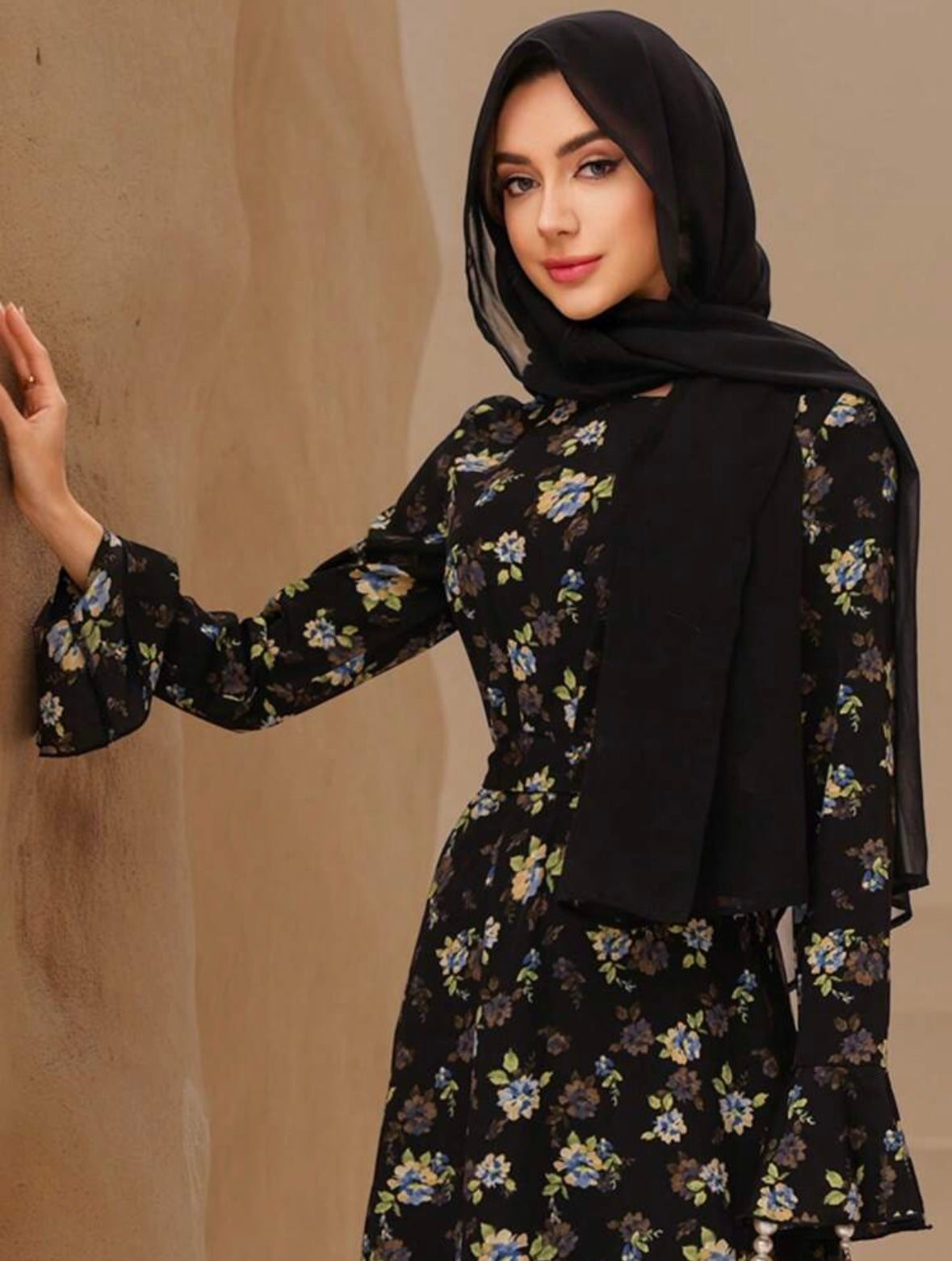 Women's Ditsy Floral Trumpet Sleeve| Ruffled Waist | Modest |Stylish |