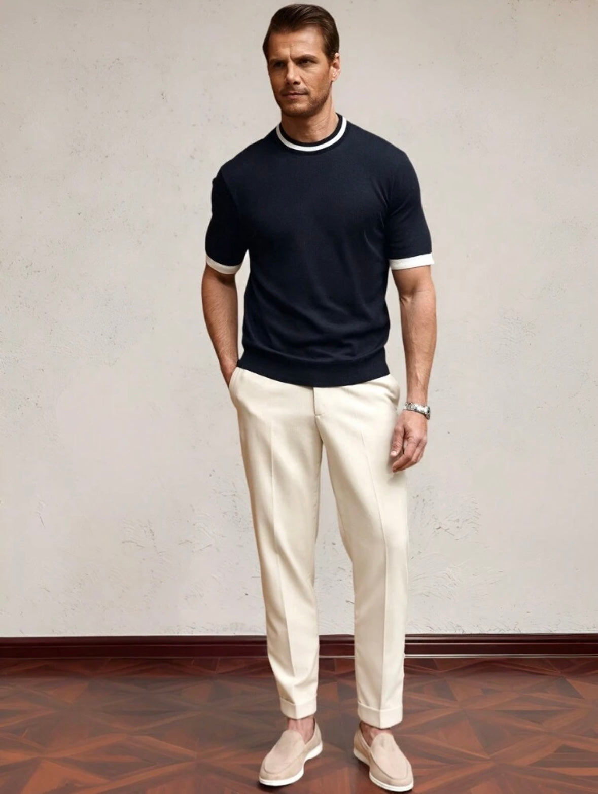 Men's Cuff Crew Neck | Short Sleeve| Knit Top | Old Money |