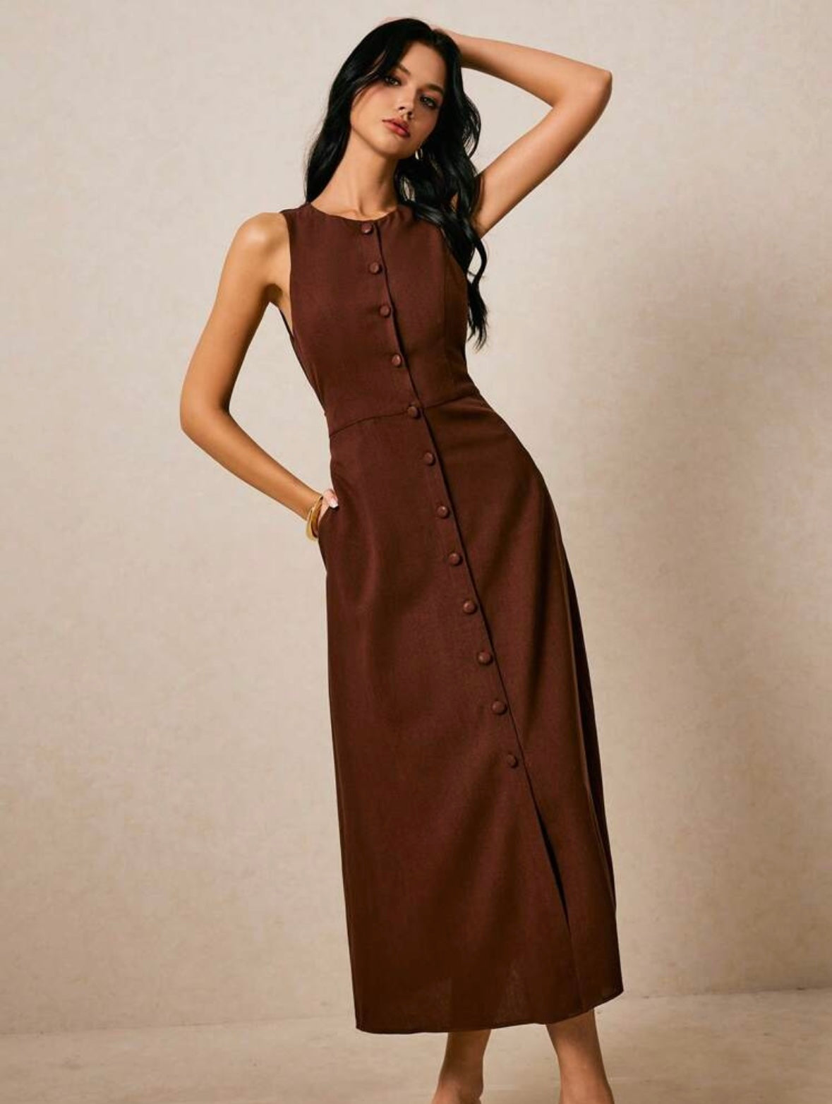 Women's Round Neck |Single-Breasted | Sleeveless | Long Dress