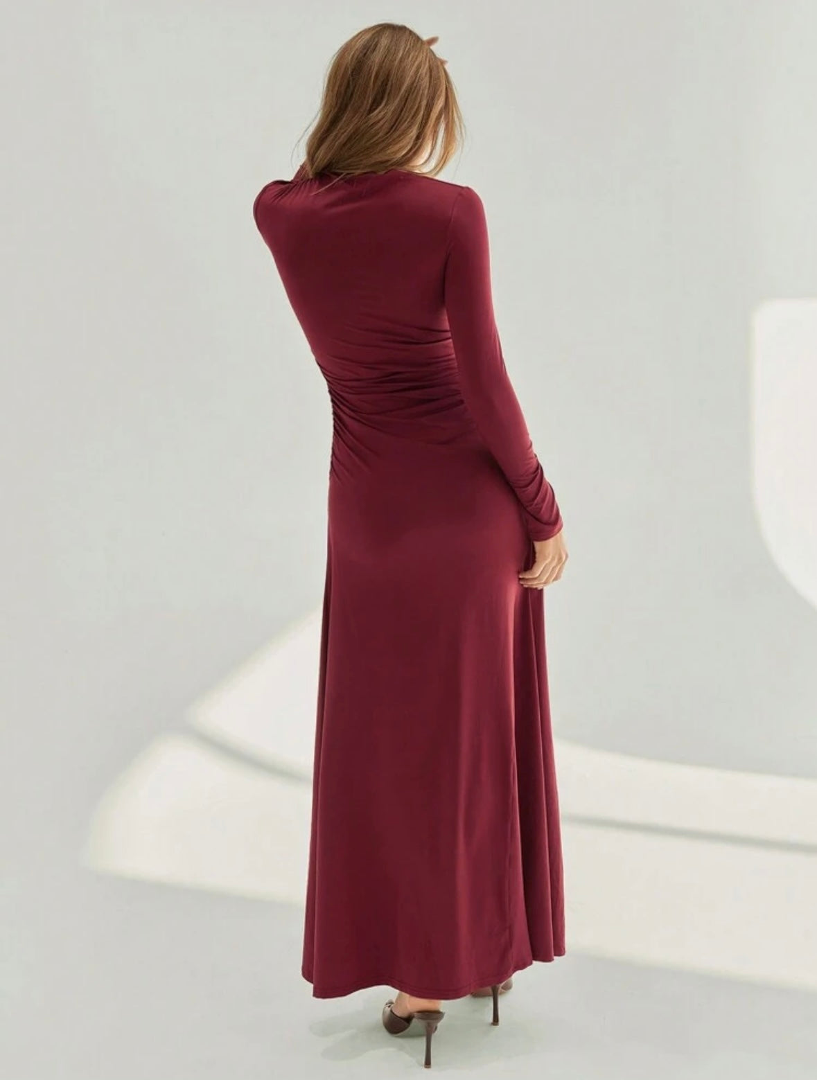 Women's Asymmetric Ruched Long Sleeve High Neck A-Line Body-con Dress