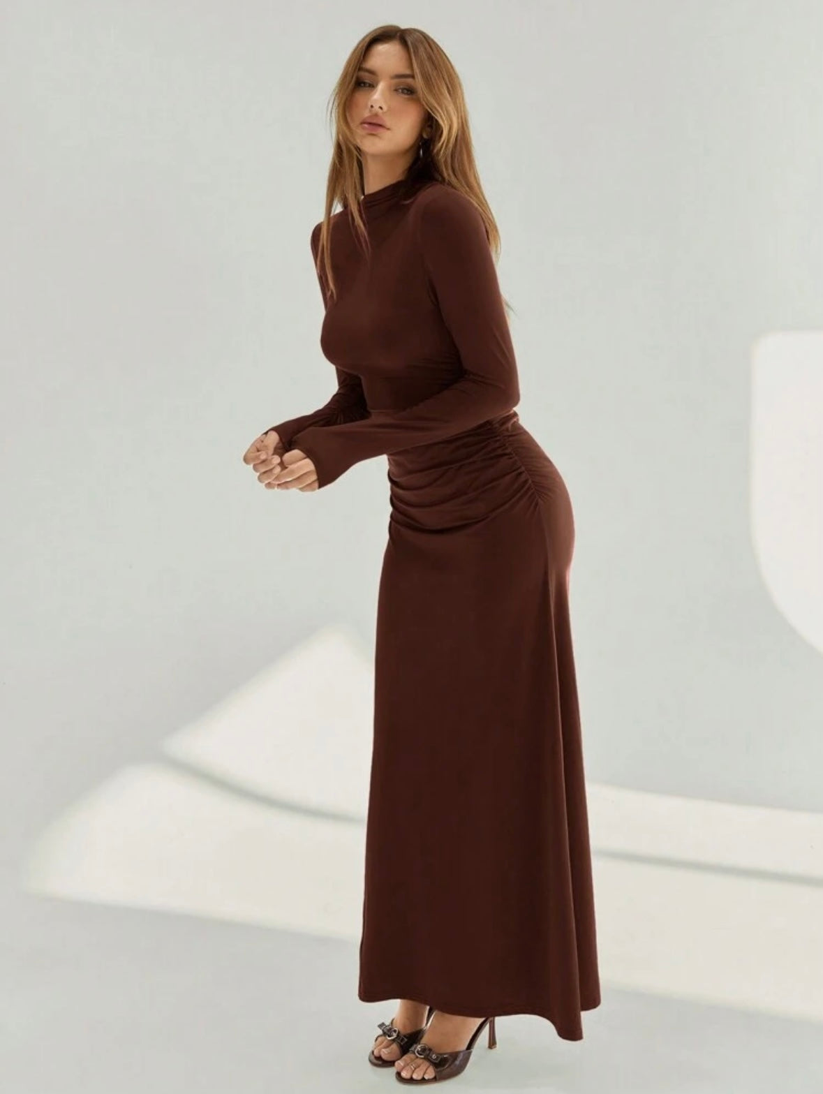 Women's Asymmetric Ruched Long Sleeve High Neck A-Line Body-con Dress