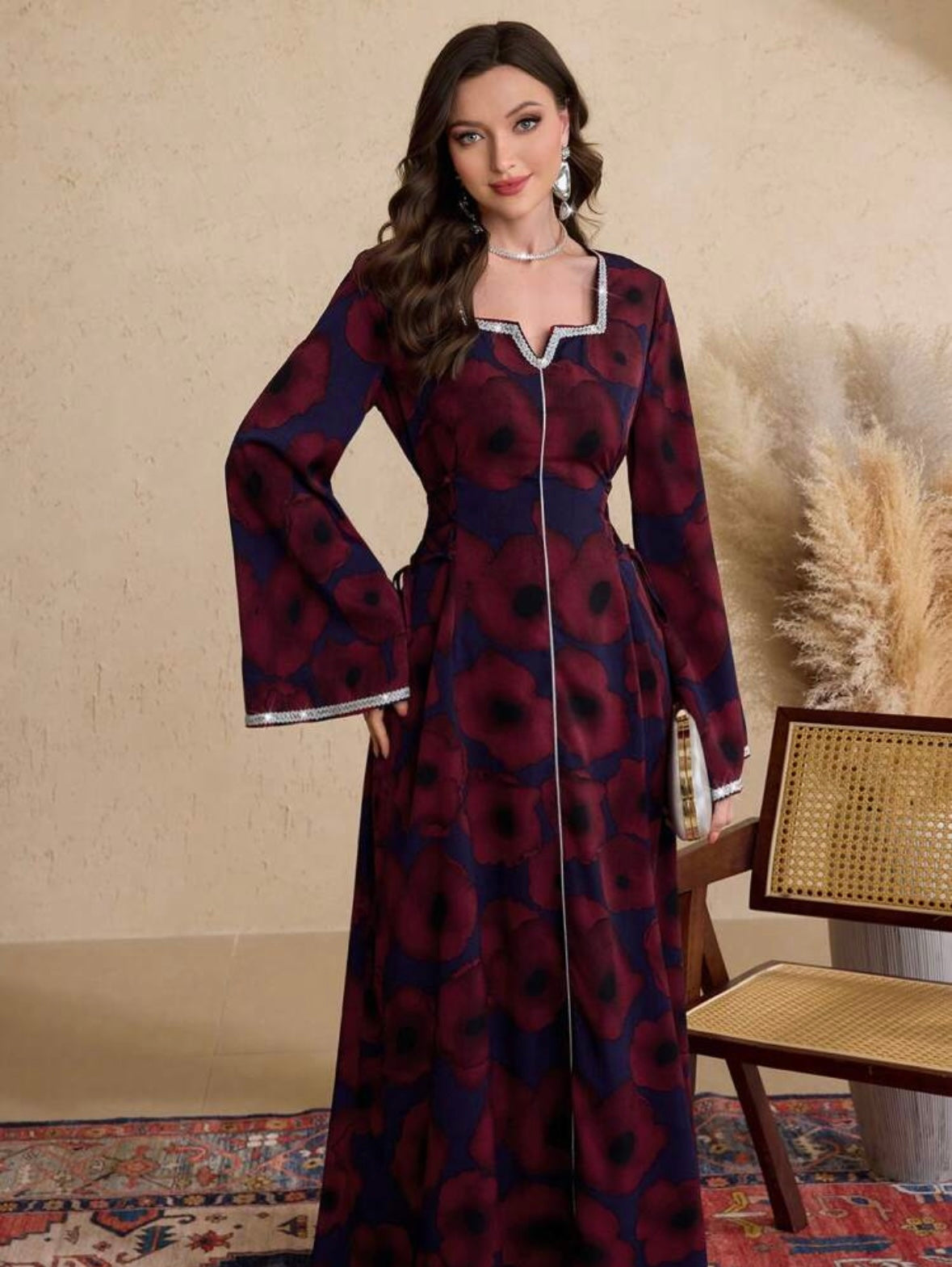 Women's Elegant Floral Print Crossed Strap Waist Flare Sleeve Arab Style Long Dress
