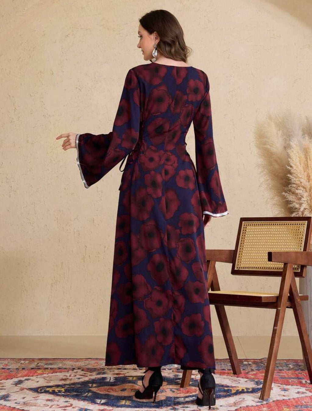 Women's Elegant Floral Print Crossed Strap Waist Flare Sleeve Arab Style Long Dress