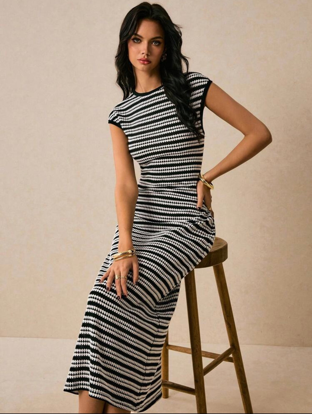 Women's Casual Striped Round Neck Cap Sleeve Dress