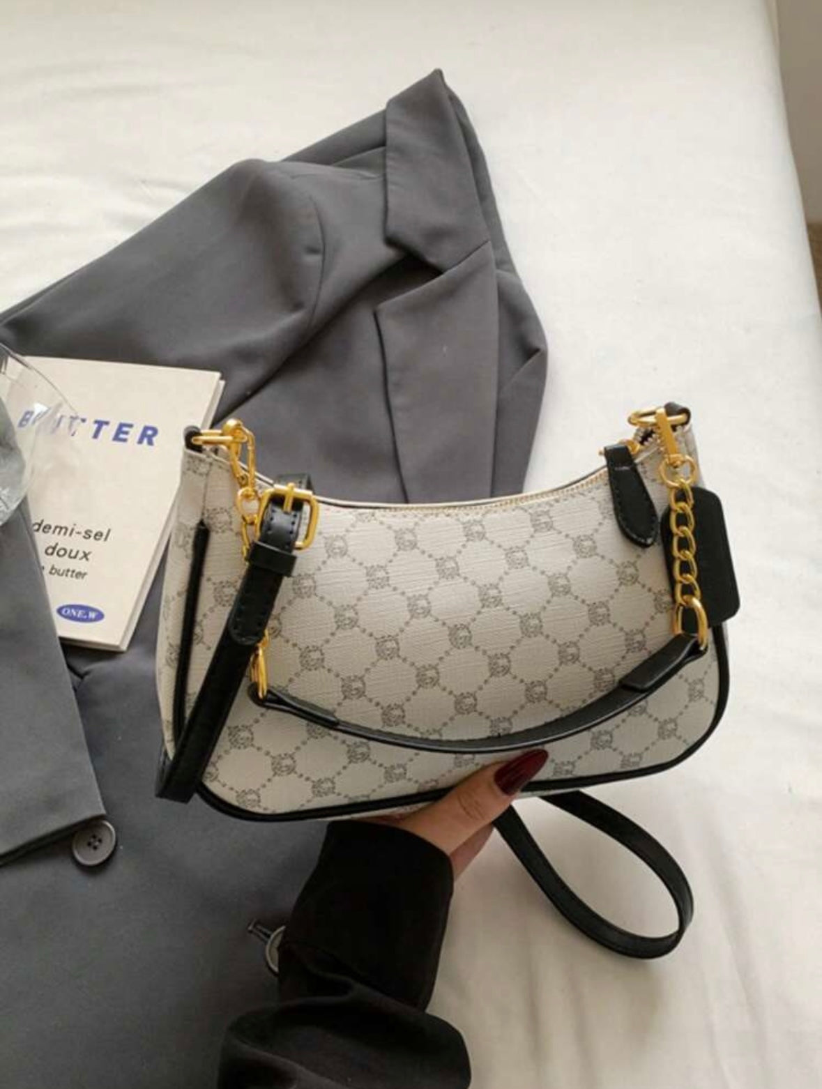 Women's shoulder bag | Adjustable strap | Metallic embroidered letters |