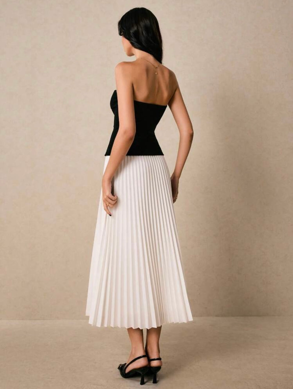 Women Two Pieces Suit Black Top And Pleated Elegant Skirt