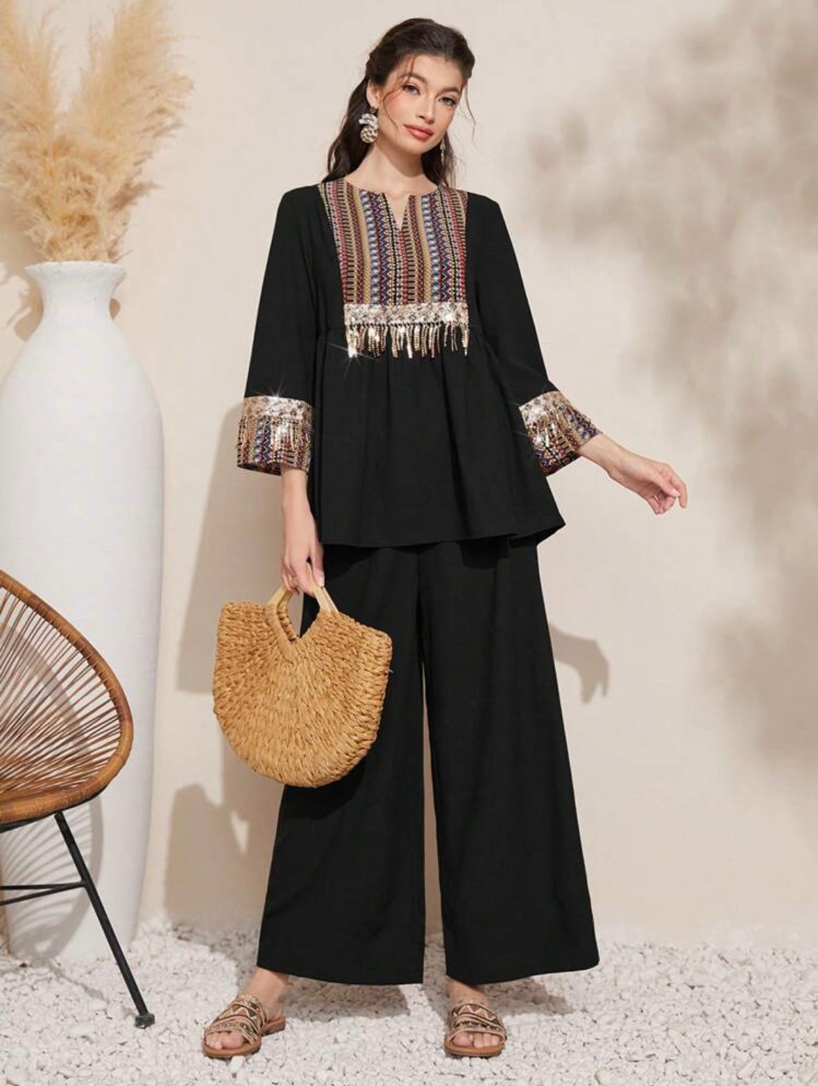 Women's Solid Color Patchwork Fringed Decorated Casual Top And Long Pants Set