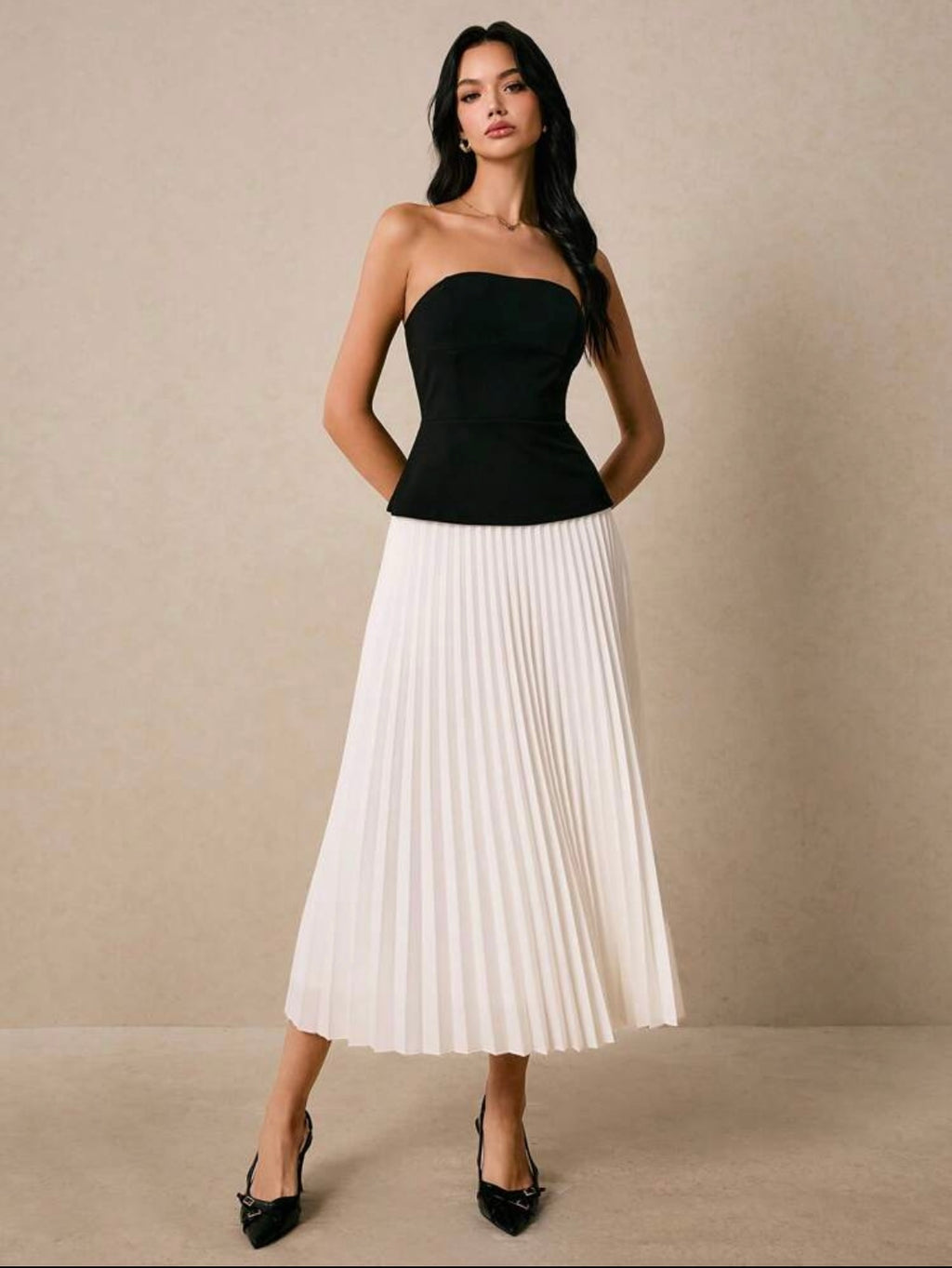 Women Two Pieces Suit Black Top And Pleated Elegant Skirt