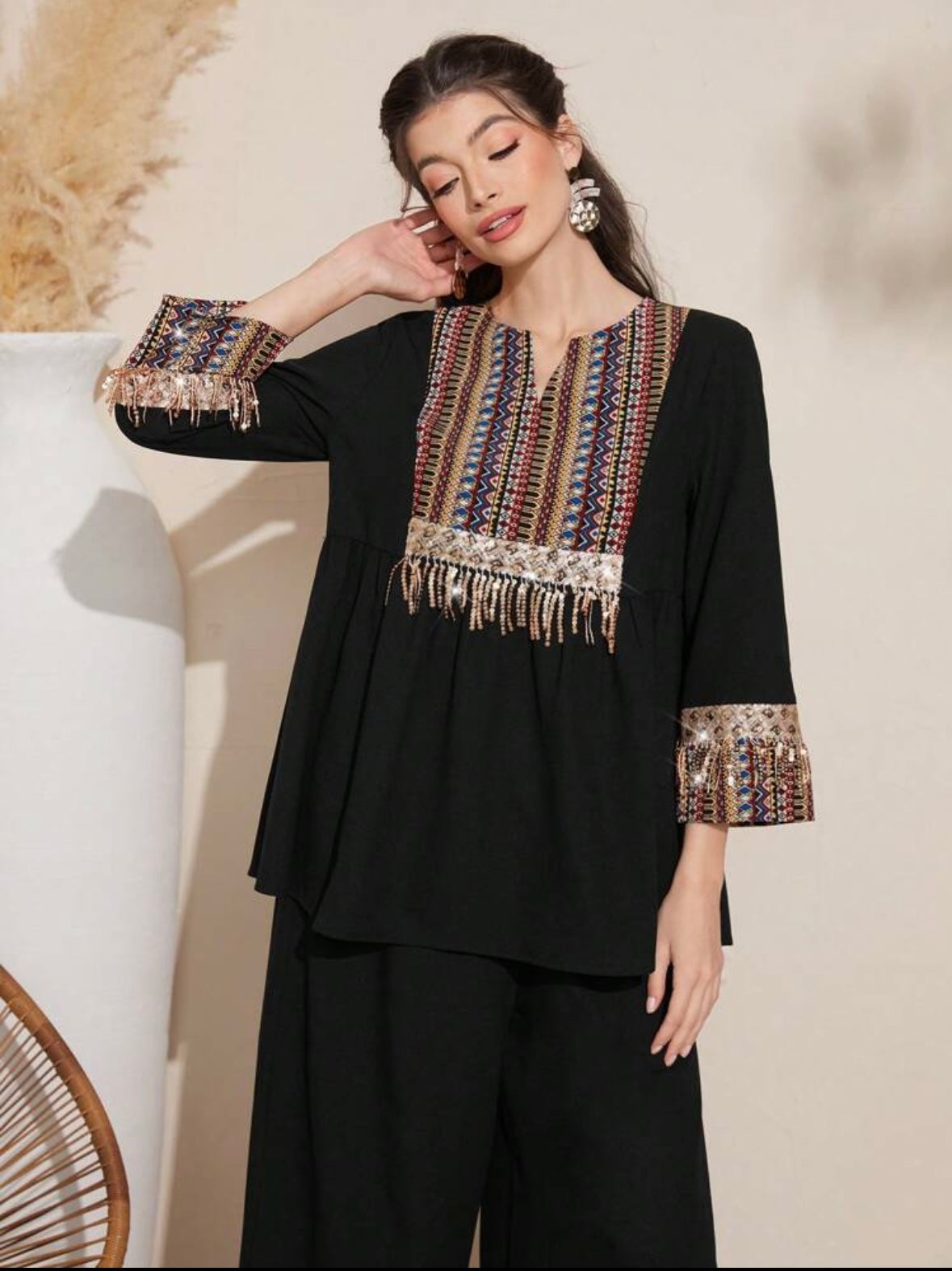 Women's Solid Color Patchwork Fringed Decorated Casual Top And Long Pants Set