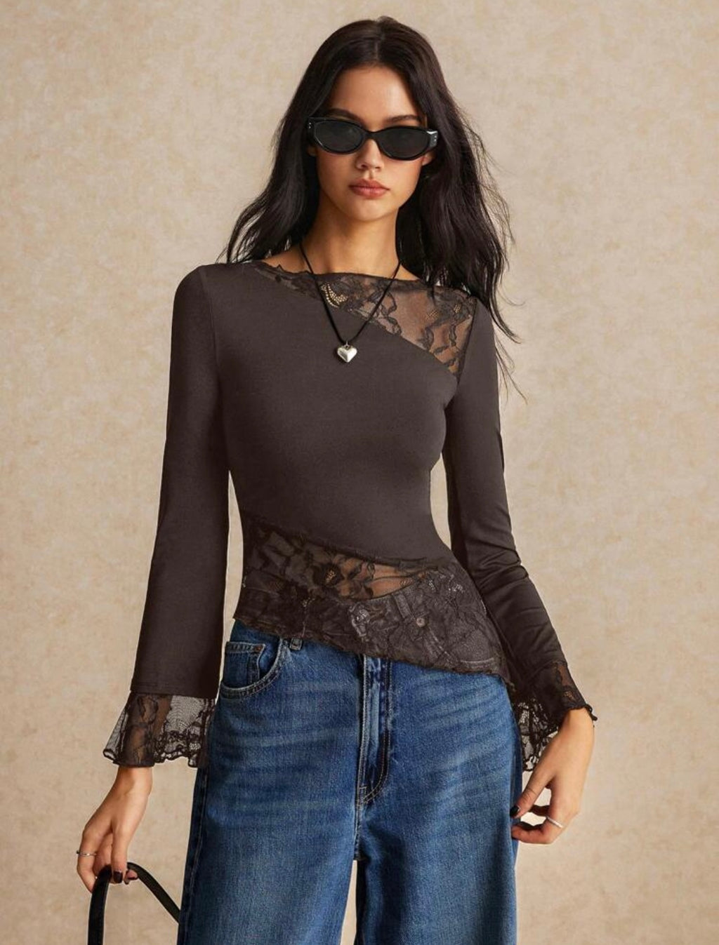 Slim Fit Asymmetric Lace Long Sleeve T-Shirt With Hem Splicing Flutter Design
