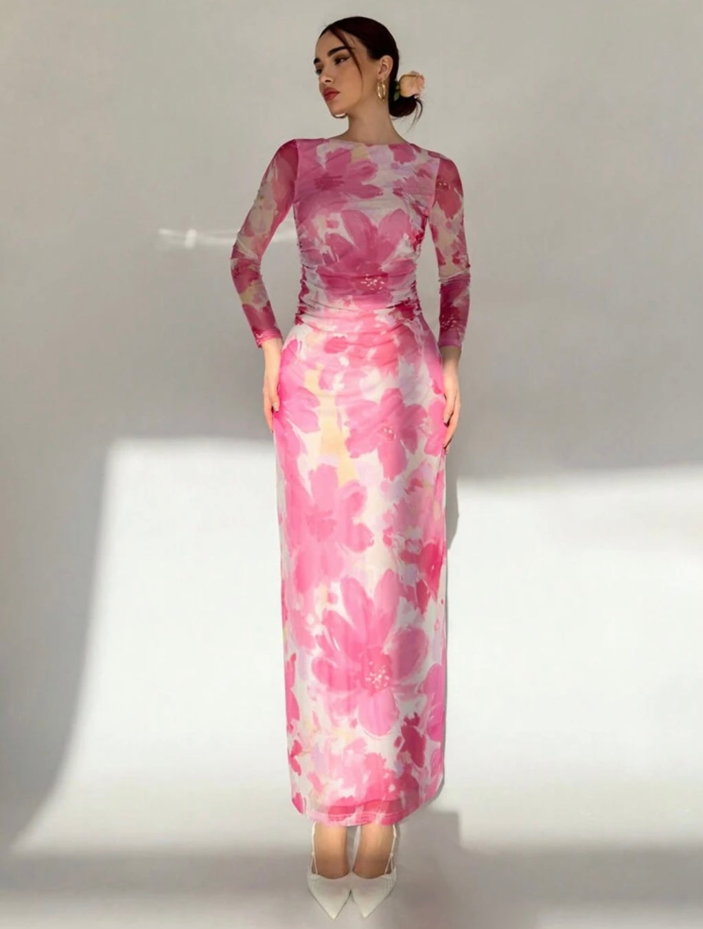 Pink Floral Print Long Sleeve Maxi Mesh Dress