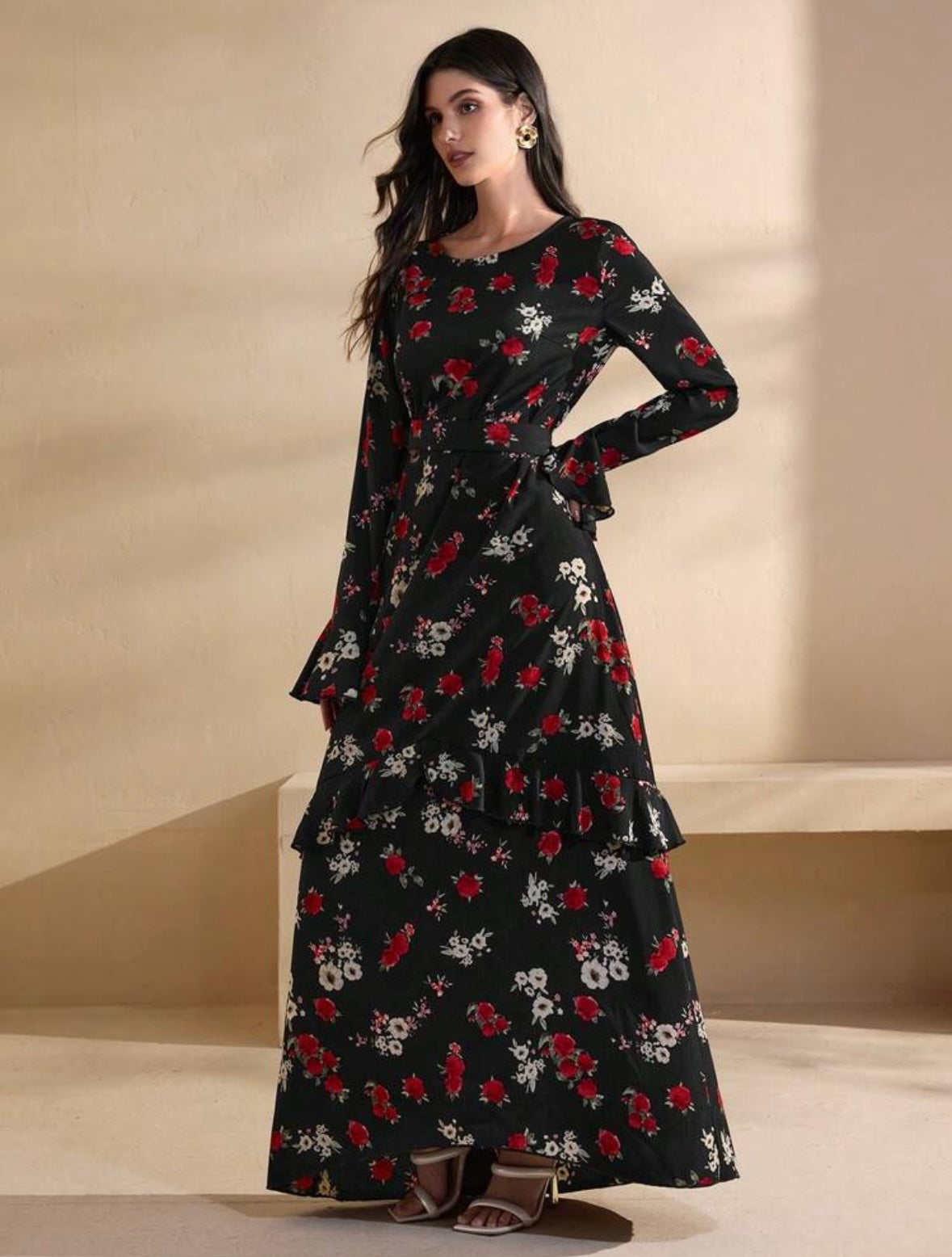 Women's Ruffle Trim Belt Waist A-Line Long Sleeve Dress | Elegant |