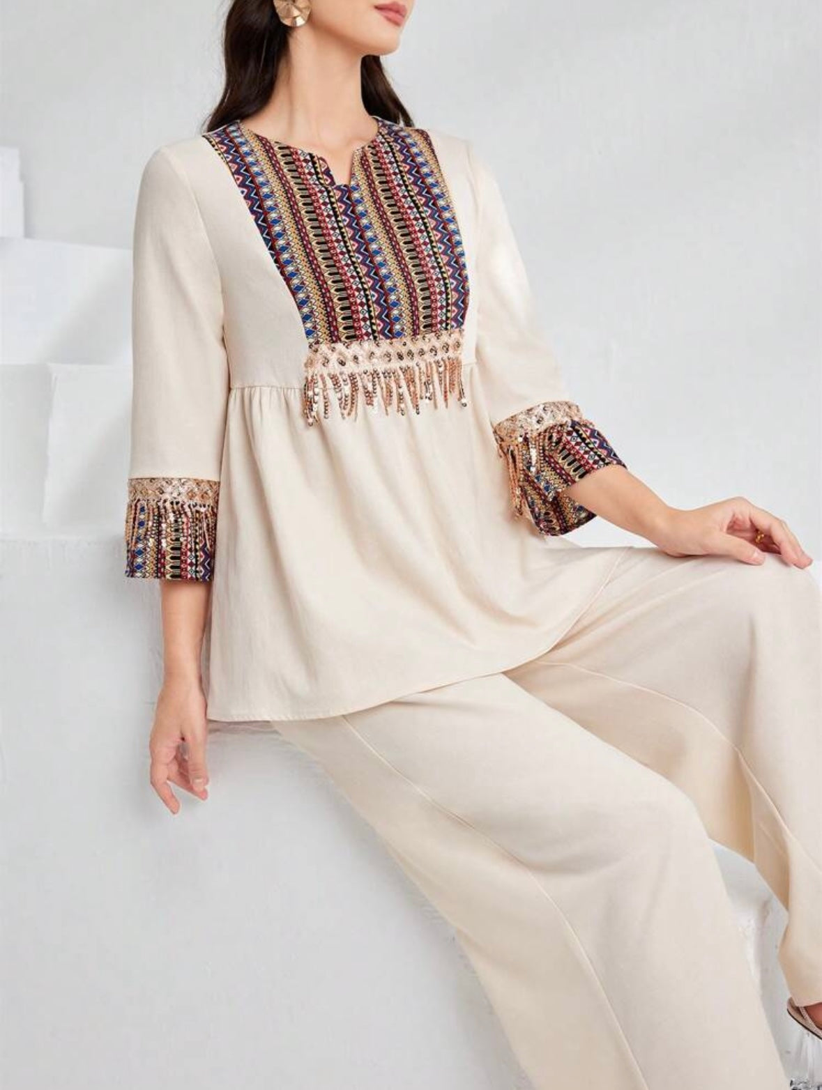 Women's Solid Color Patchwork Fringed Decorated Casual Top And Long Pants Set