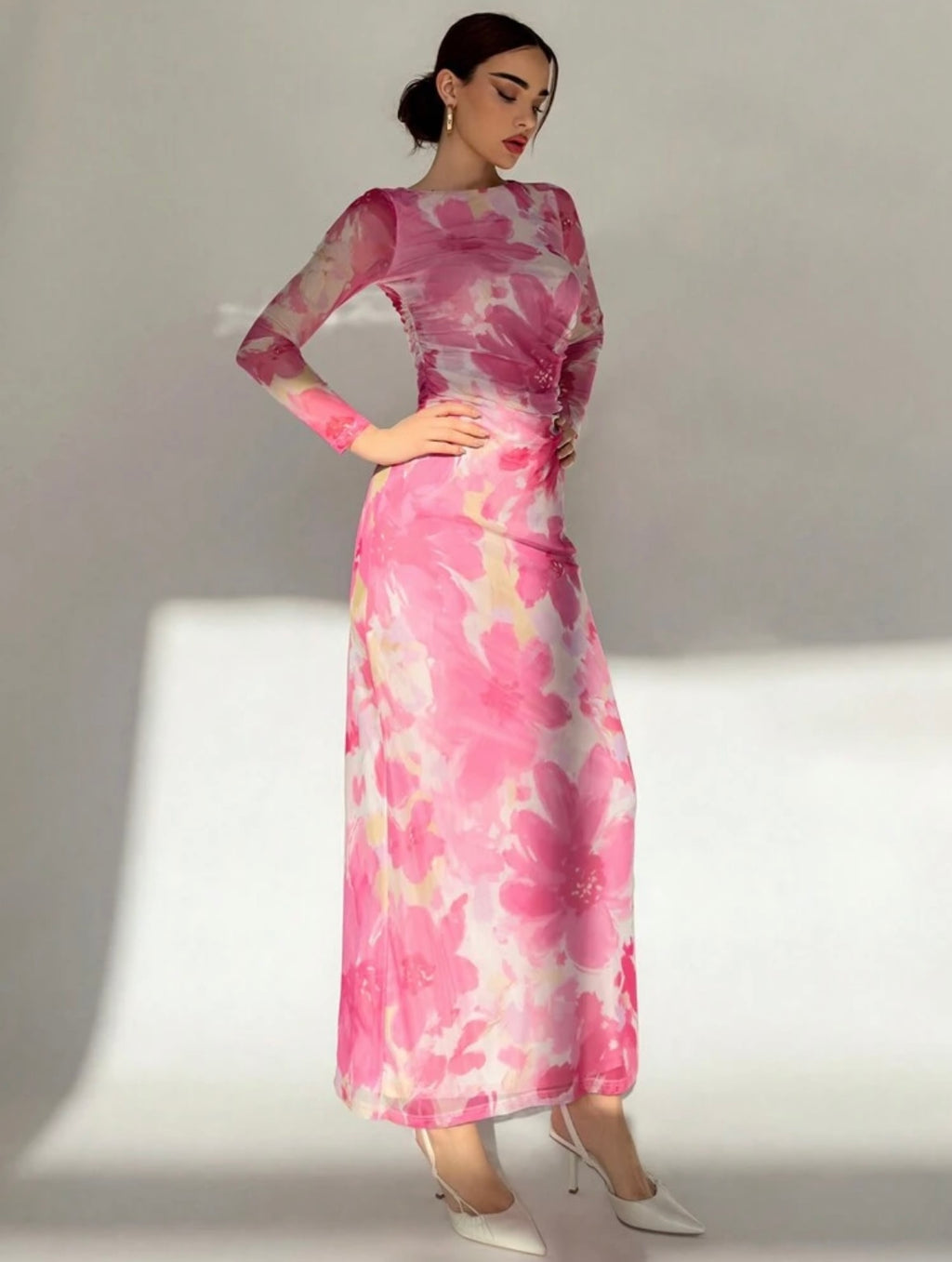 Pink Floral Print Long Sleeve Maxi Mesh Dress