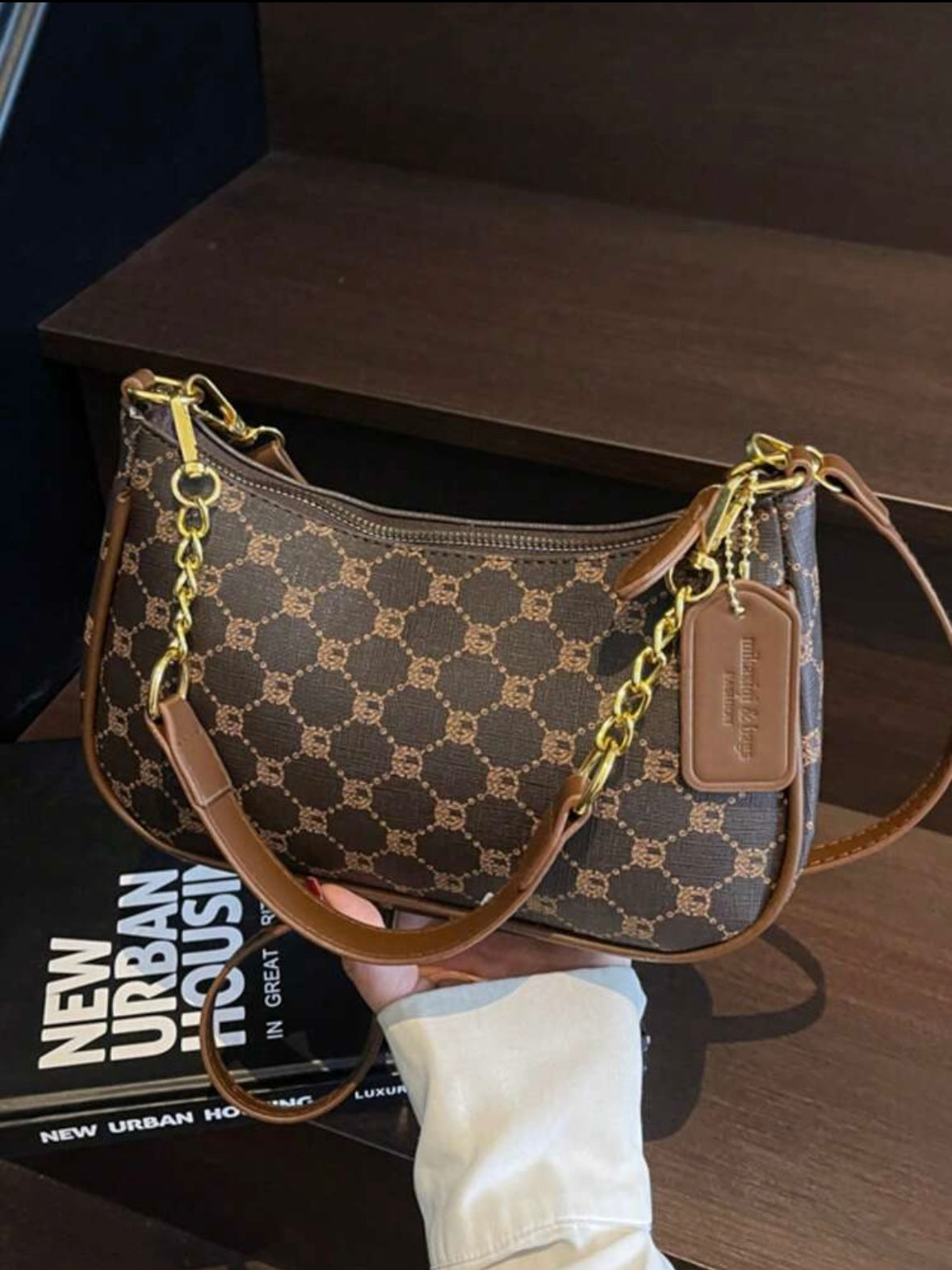 Women's shoulder bag | Adjustable strap | Metallic embroidered letters |