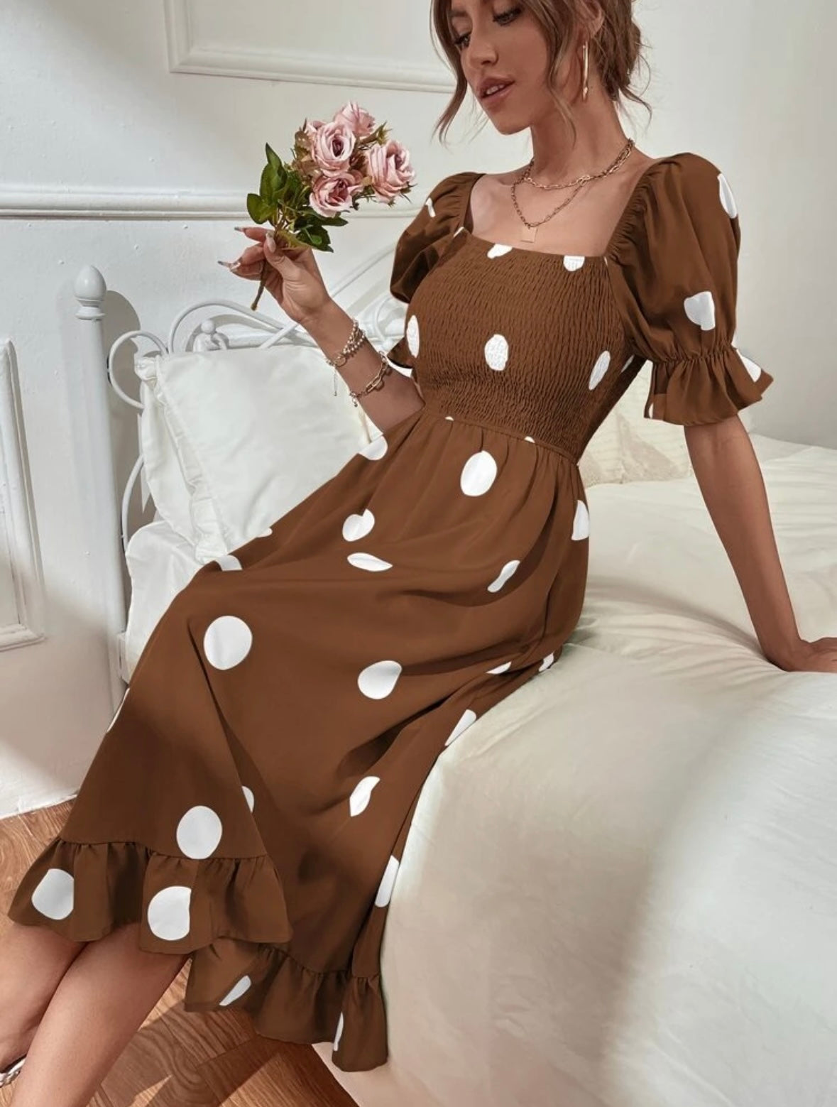 Polka Dot Print Puff Sleeve Shirred Ruffle Hem Dress