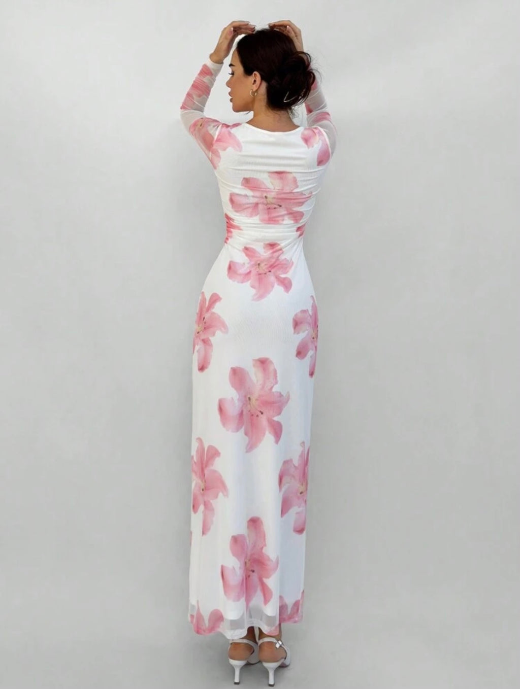 Pink Floral Print Long Sleeve Maxi Mesh Dress
