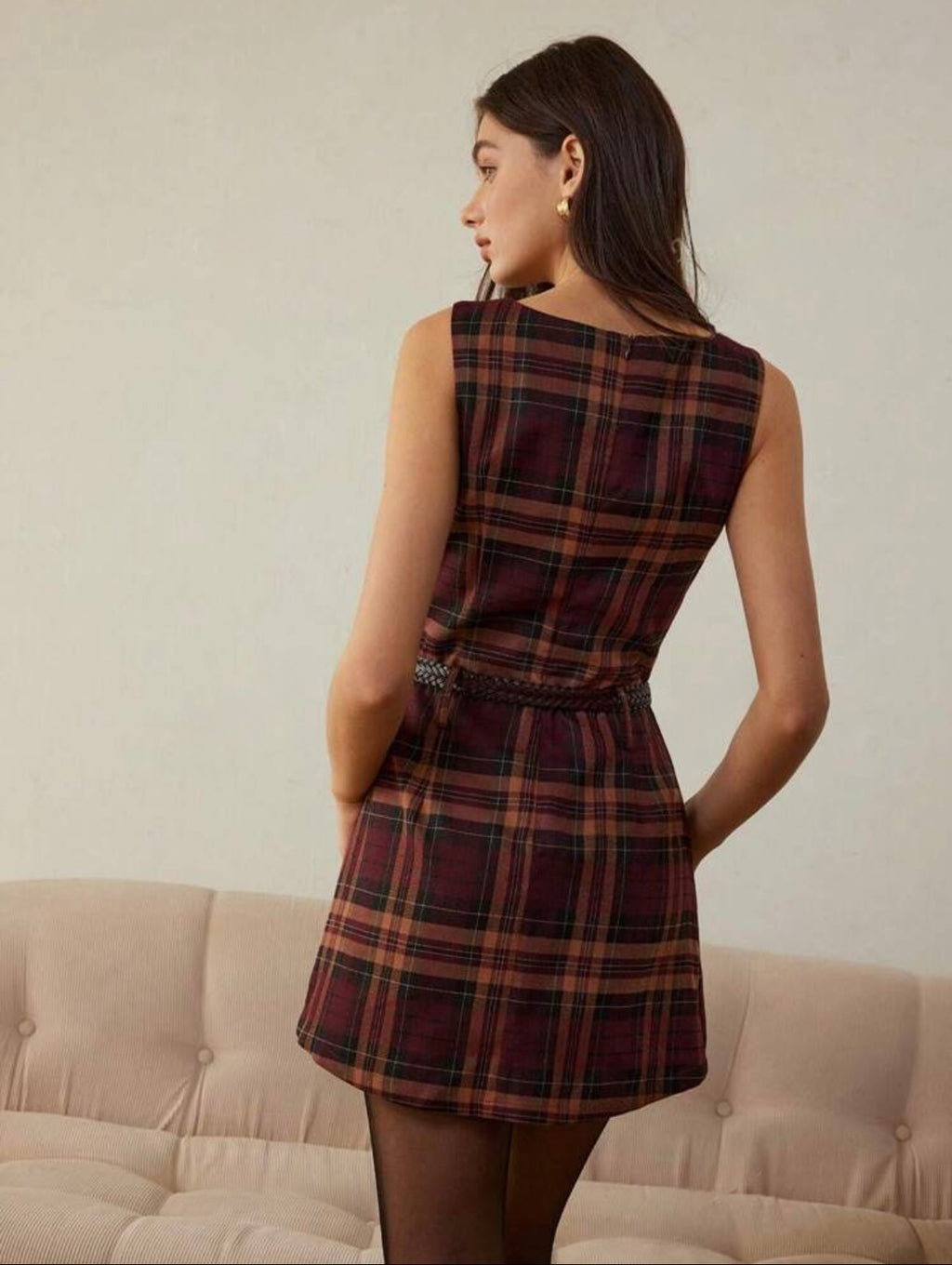 Women Plaid Cinched Waist | Ruffle Hem | Mini Dress