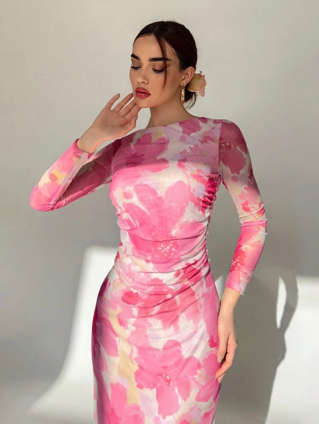 Pink Floral Print Long Sleeve Maxi Mesh Dress