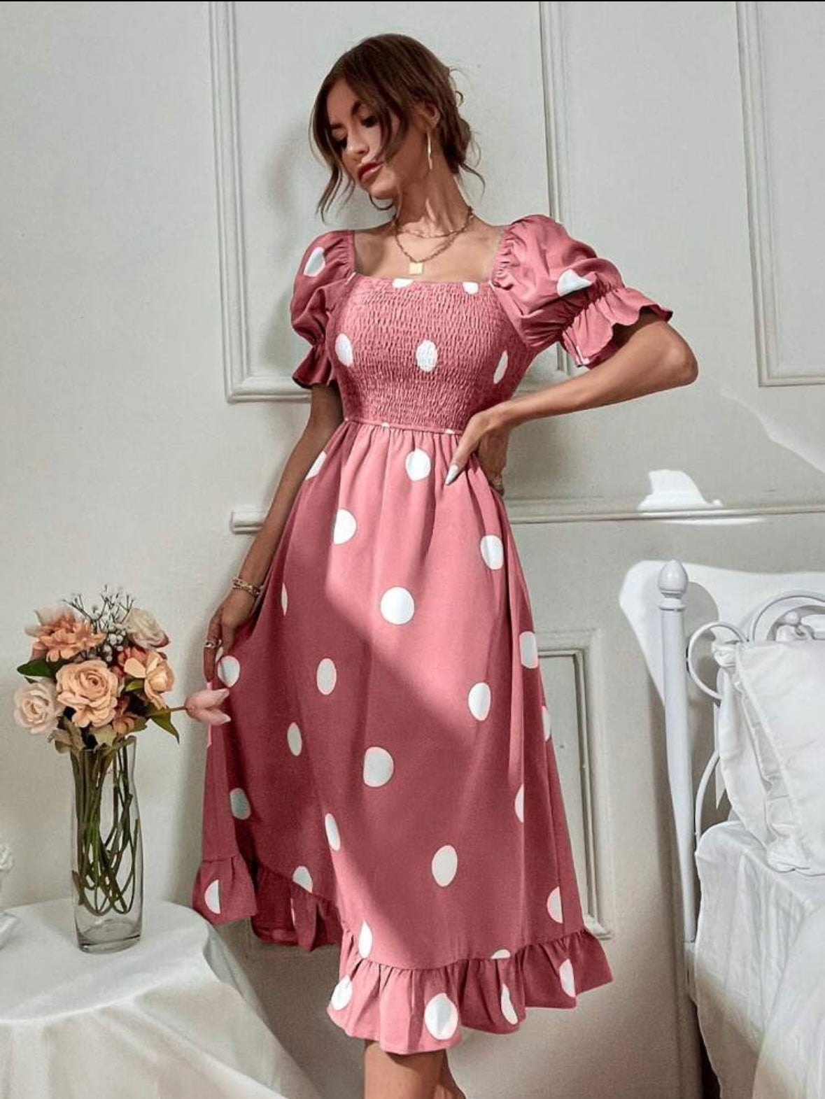 Polka Dot Print Puff Sleeve Shirred Ruffle Hem Dress