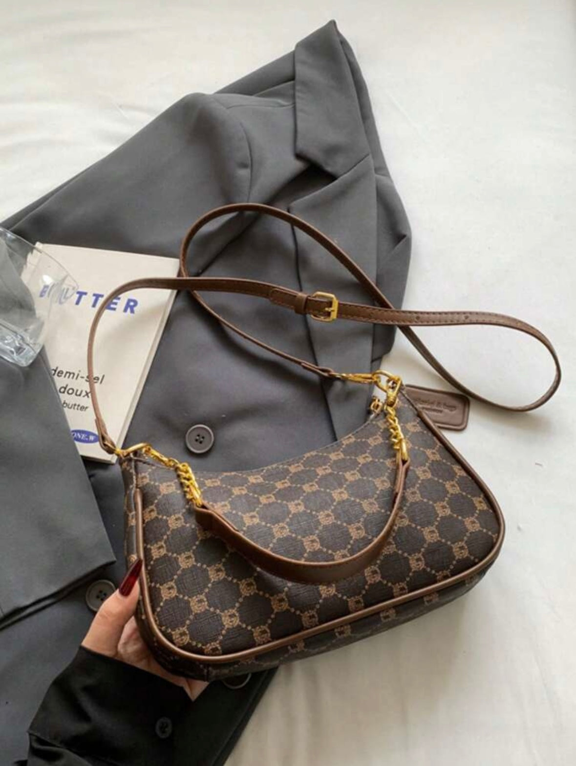 Women's shoulder bag | Adjustable strap | Metallic embroidered letters |
