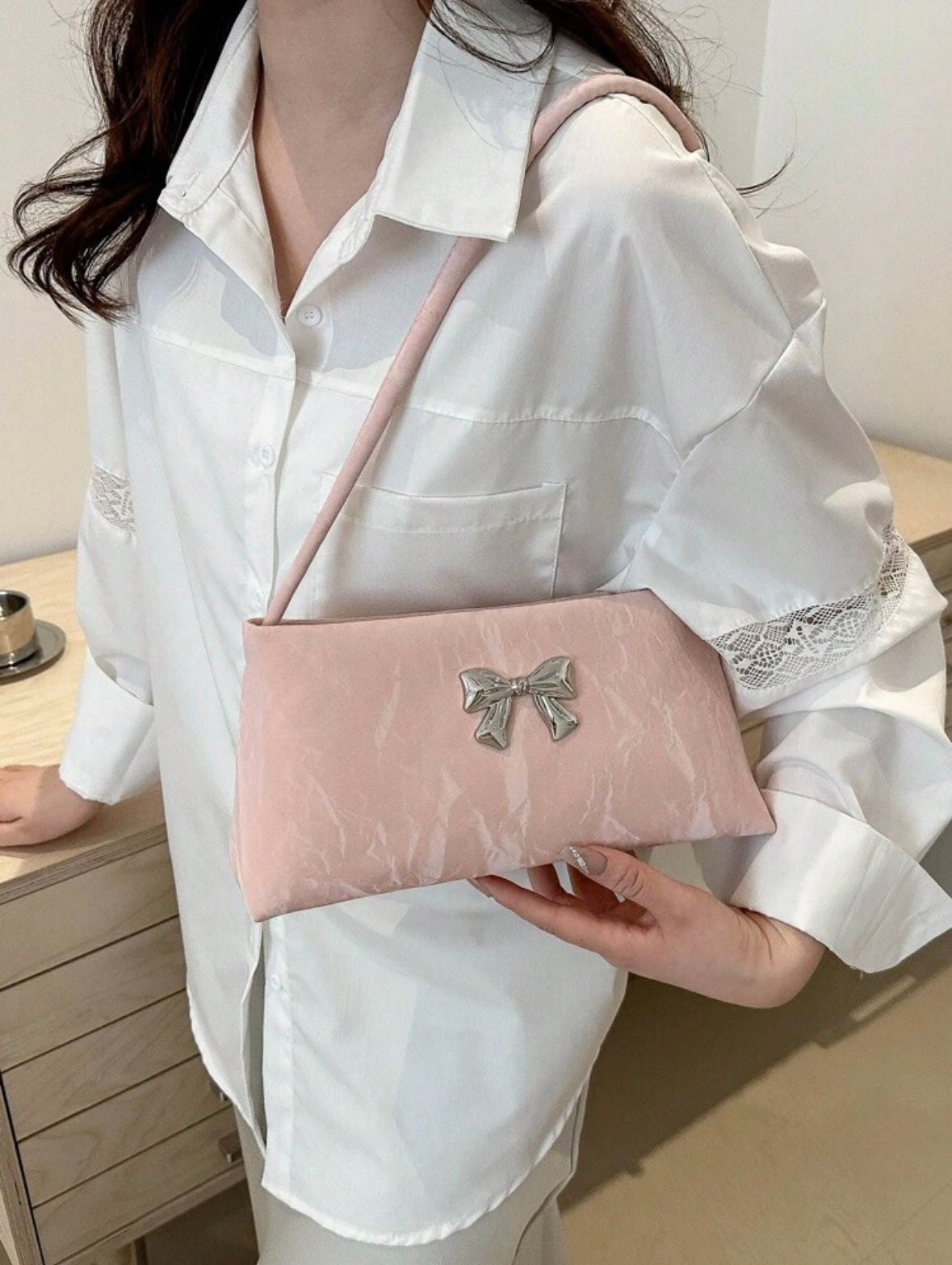 Women's Shoulder Bag | Bow Decoration |Square Underarm Bag |
