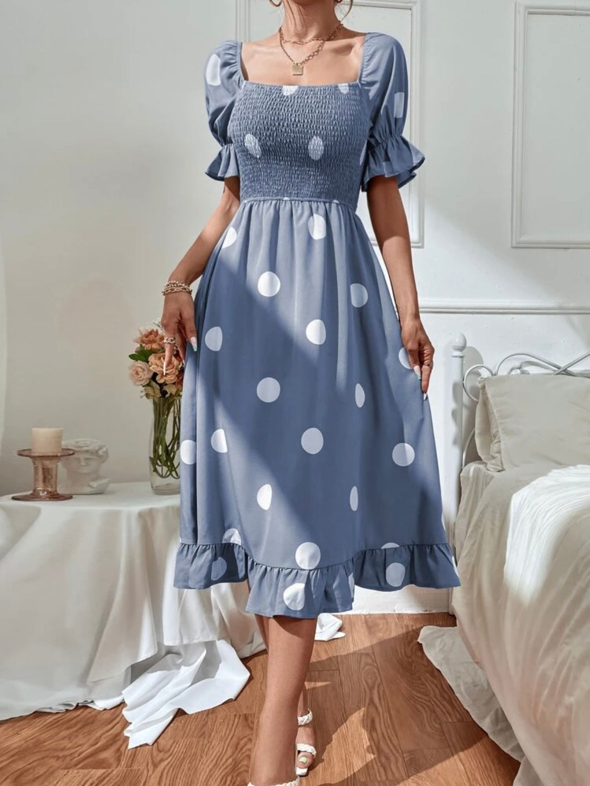 Polka Dot Print Puff Sleeve Shirred Ruffle Hem Dress
