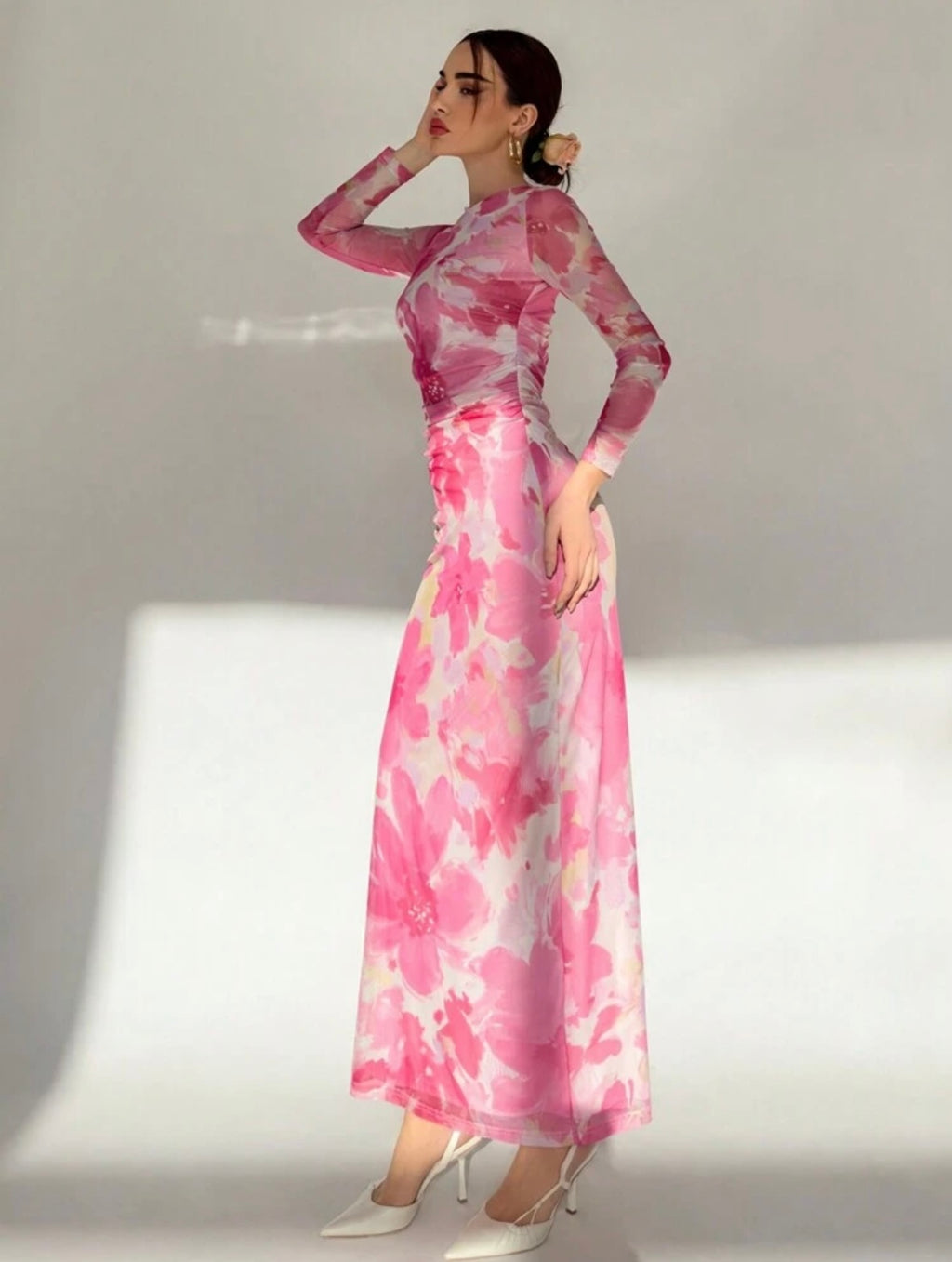 Pink Floral Print Long Sleeve Maxi Mesh Dress