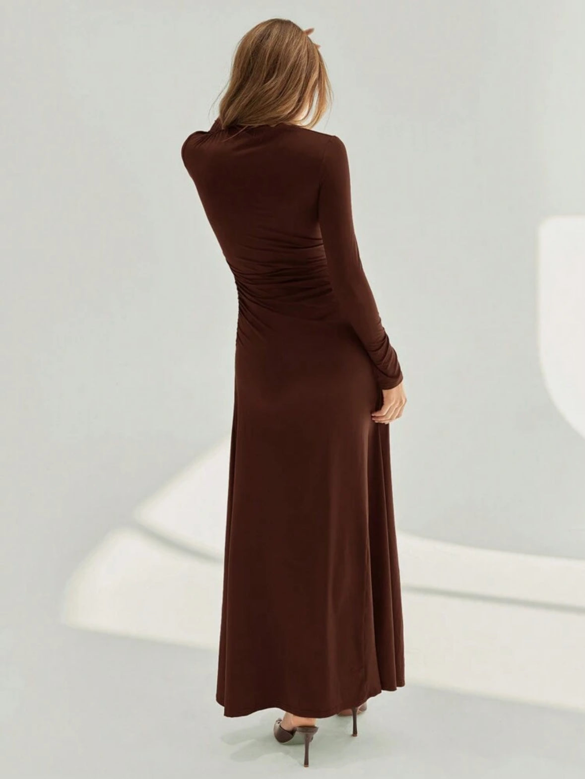 Women's Asymmetric Ruched Long Sleeve High Neck A-Line Body-con Dress